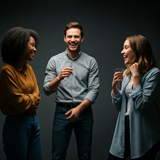 Group of diverse people laughing and connecting in a modern workspace